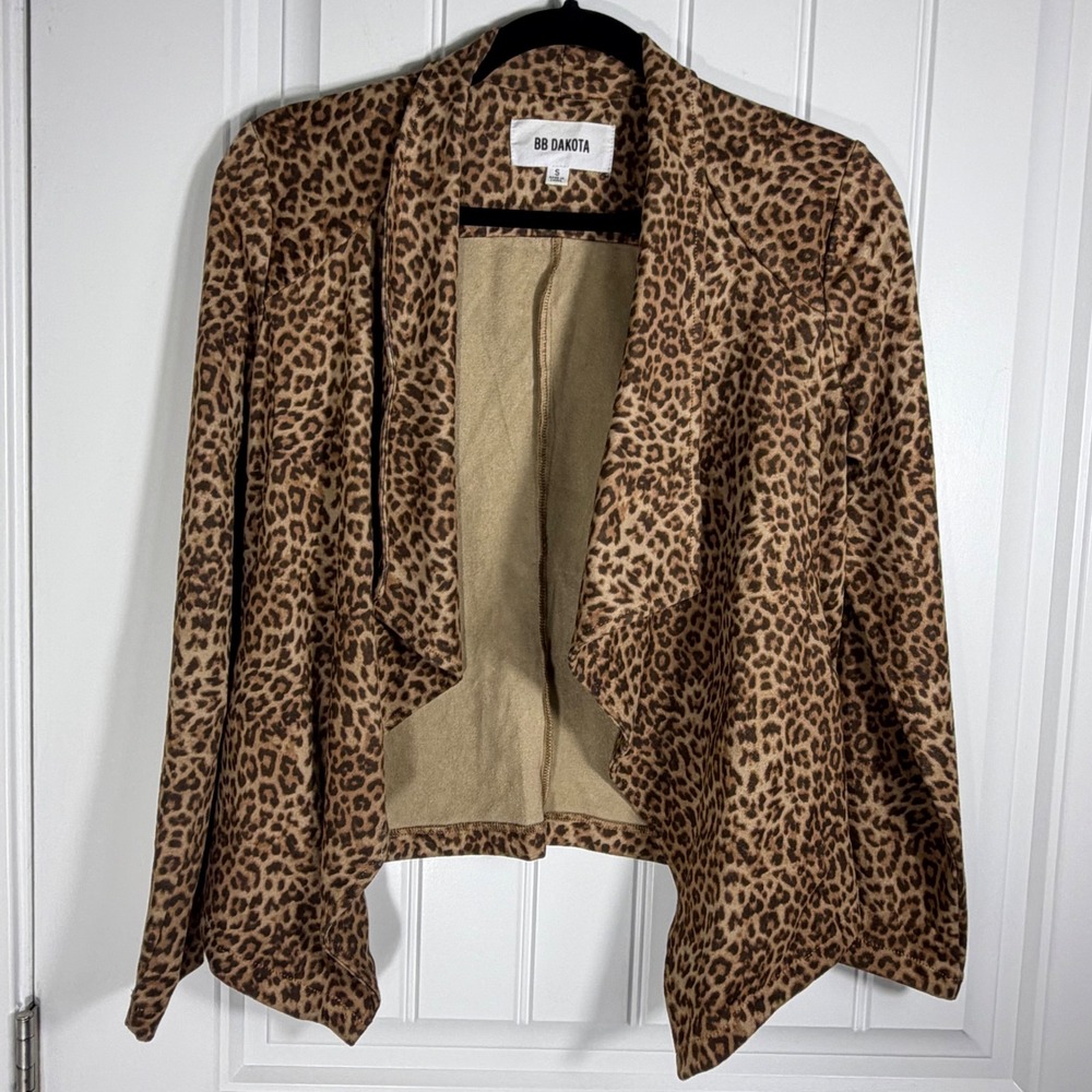 BB Dakota Leopard Faux Suede Draped Open Front Jacket Tan Brown Small BJ30272